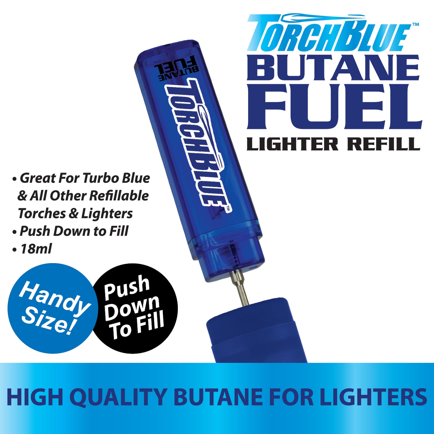 ITEM NUMBER 024701 TORCH BLUE 18ML BUTANE REFILL FUEL 12 PIECES PER DISPLAY