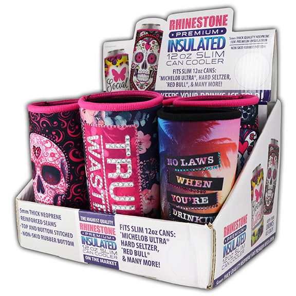 ITEM NUMBER 026580 RHINESTONE SLIM CAN COOLER 6 PIECES PER DISPLAY