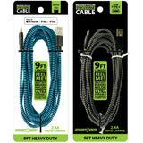 Charging Cable Braided Nylon Assortment 9FT 2.4 Amp - 12 Pieces Per Retail Ready Display 88254
