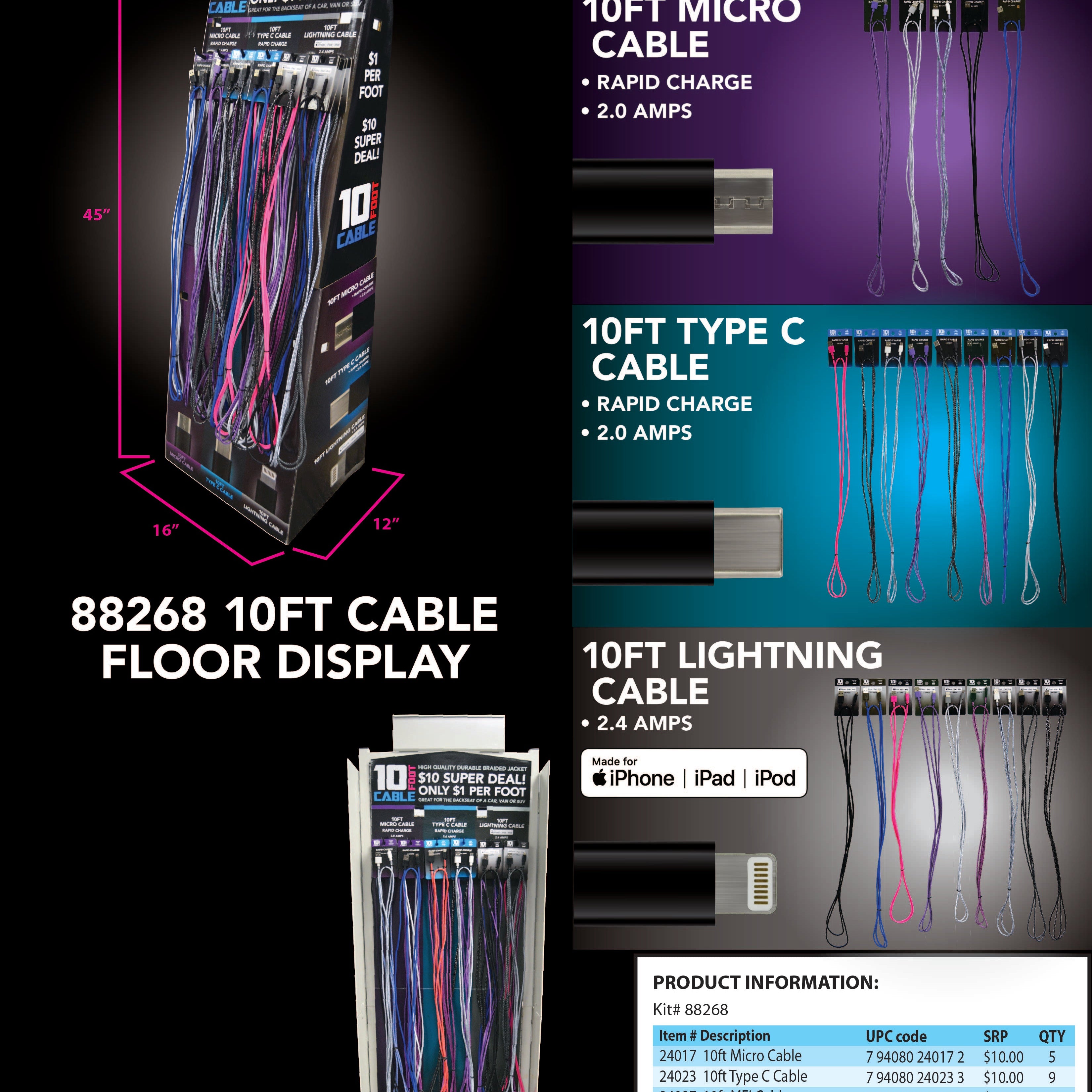 10 Foot Cable Floor Display