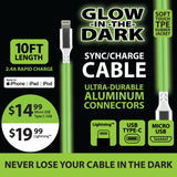 Charging Cable Glow in The Dark Assortment 10FT 2.4 Amp - 6 Pieces Per Retail Ready Display 88295