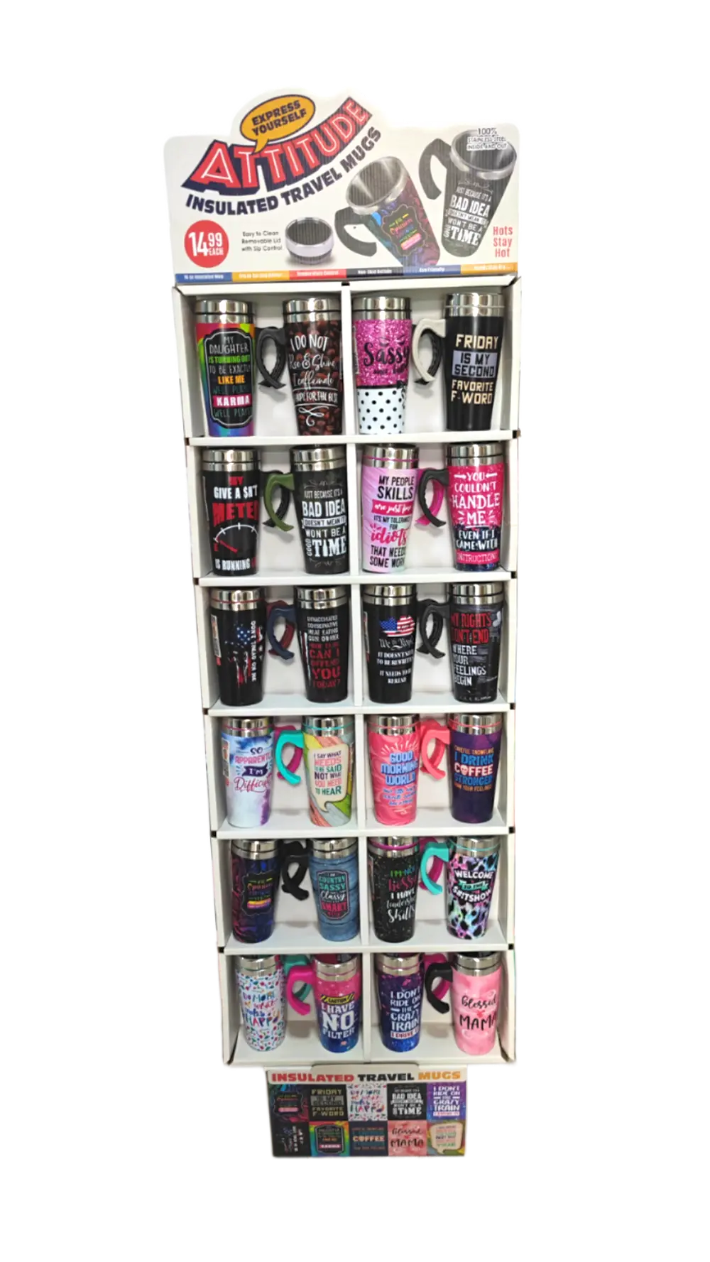 16 oz Travel Mug Assortment Floor Display - 24 Pieces Per Retail Ready Display 88433 NOVELTY INC