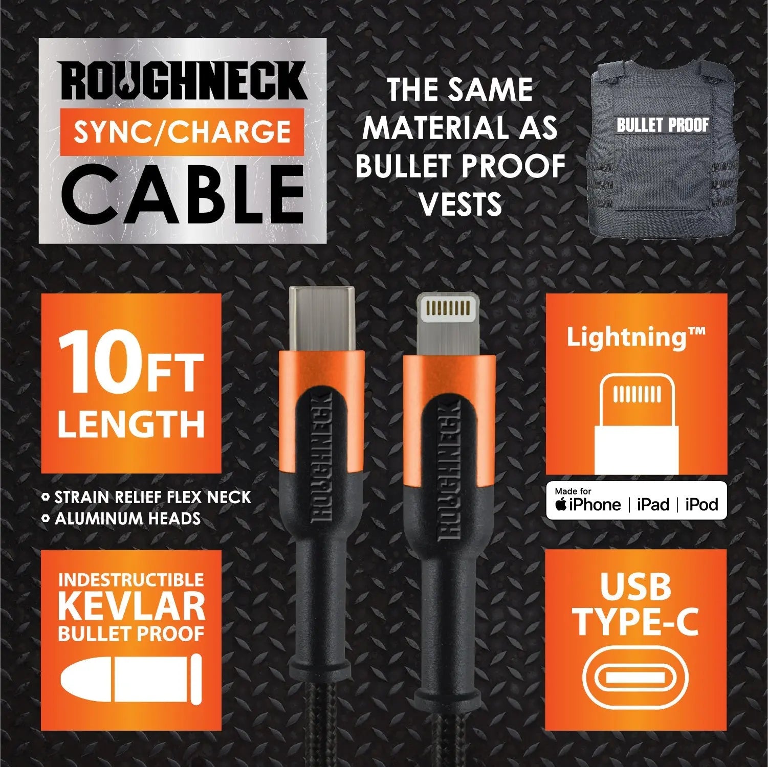 Charging Cable Roughneck Cloth Assortment 10FT 2.4 Amp - 6 Pieces Per Retail Ready Display 88460 ROUGHNECK