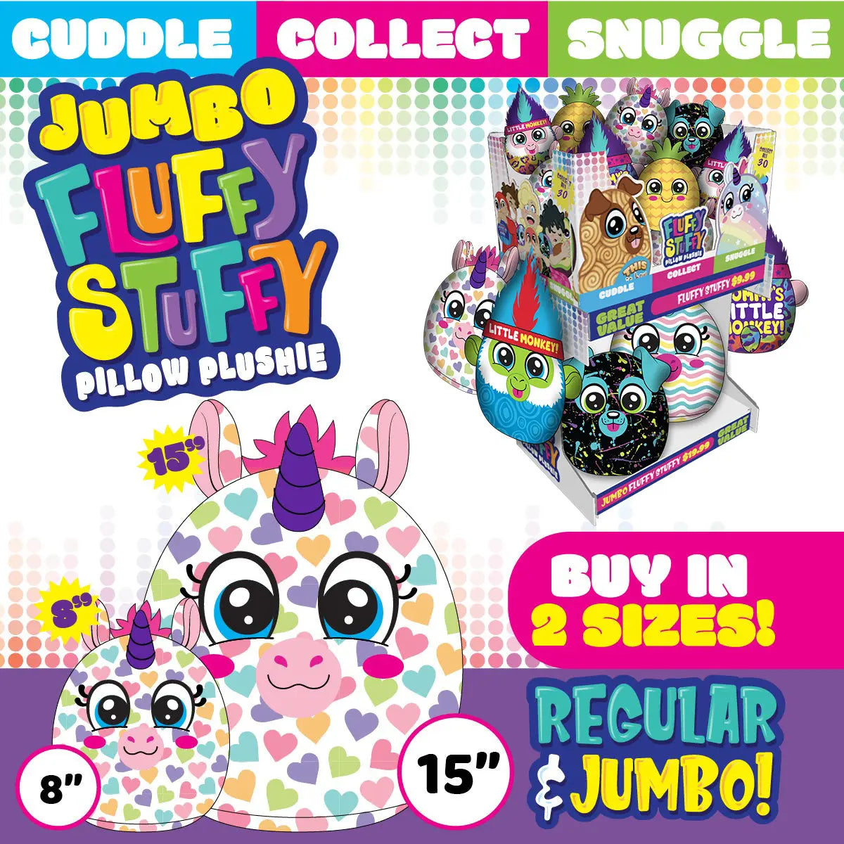 Pillow Plush Fluffy Stuffy Assortment Floor Display - 30 Pieces Per Retail Ready Display 88438 KIPP BROTHERS