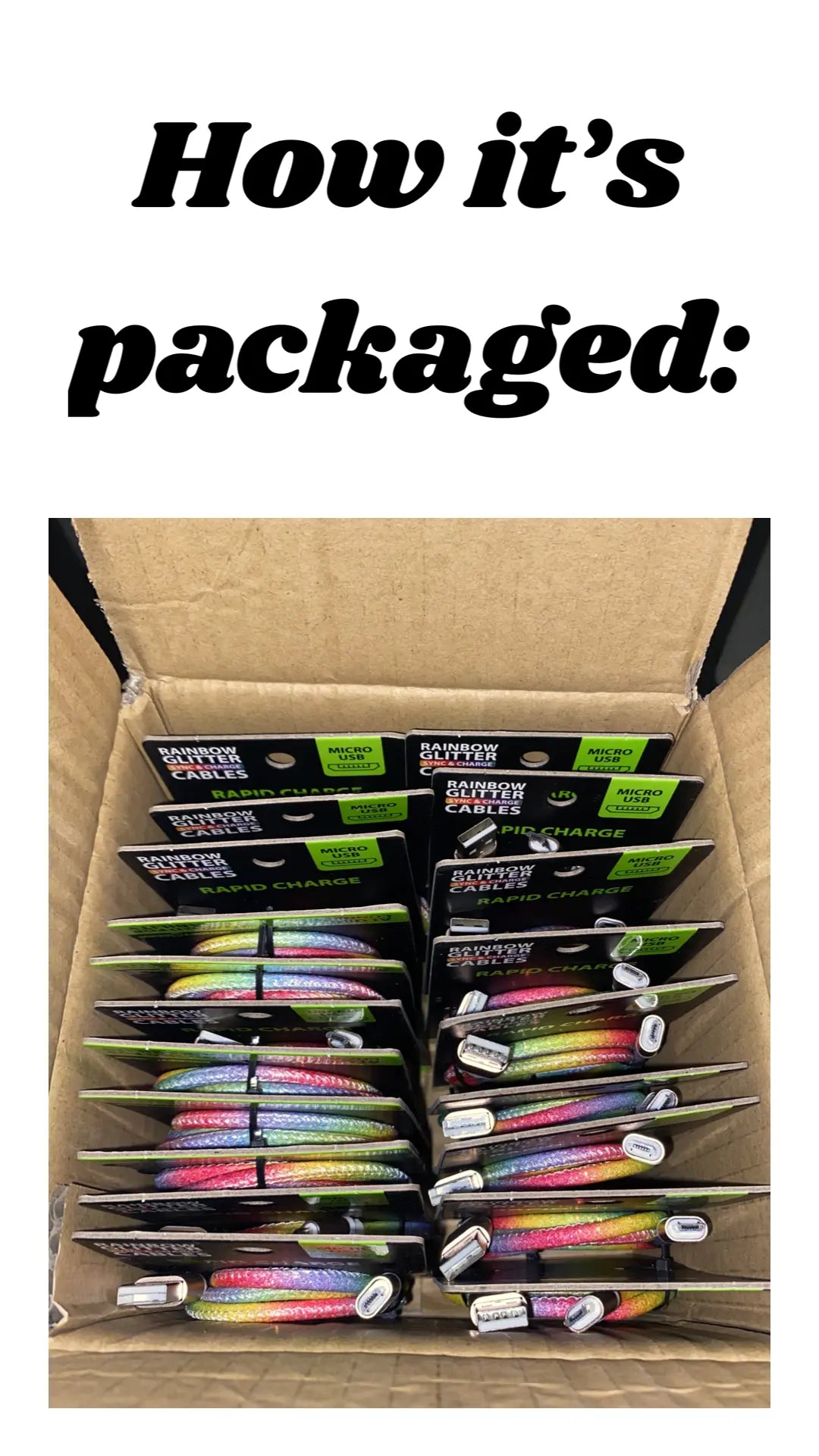 Charging Cable Rainbow Glitter USB to Micro USB 3FT - 20 Pieces Per Pack 23608MN GADGET GEAR